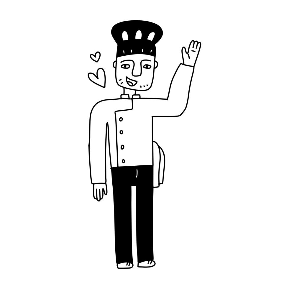 lo chef maschio con il berretto agita la mano. illustrazione vettoriale del fumetto disegnato a mano in stile doodle. carattere isolato nero su bianco.
