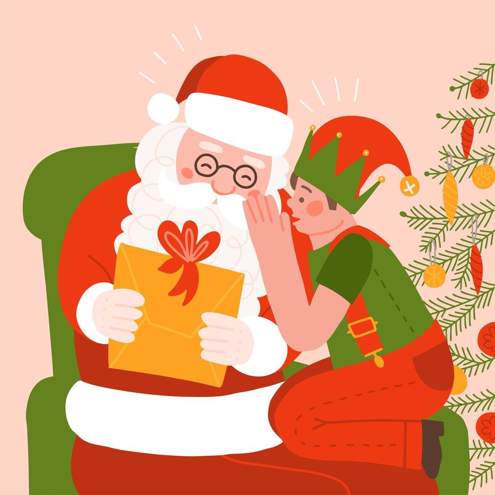 Babbo Natale con un bambino in grembo. ragazzo che dice i desideri davanti all'albero di natale. il piccolo elfo sussurra i suoi desideri all'orecchio di babbo natale. illustrazione vettoriale piatta.
