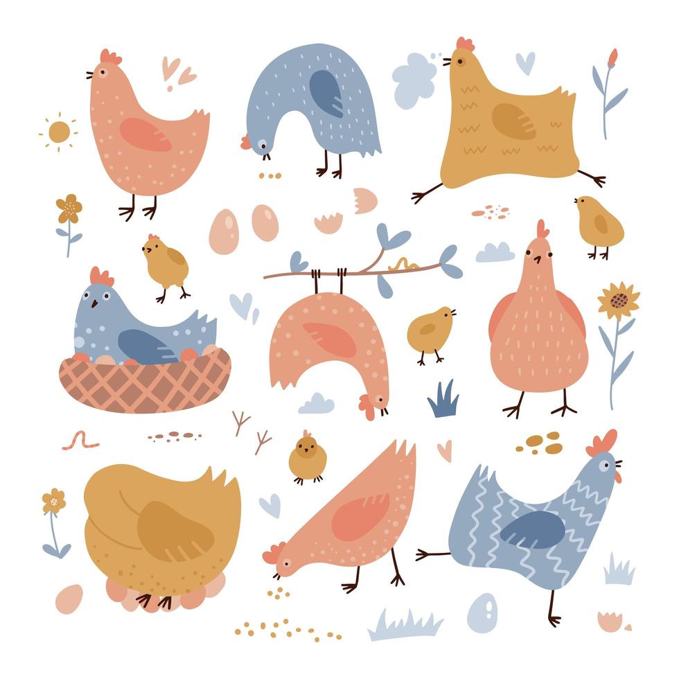 set di galline carine. galline felici cammina con uova e cereali. uccelli della fattoria in estate, animali dei cartoni animati in diverse pose divertenti. collezione disegnata a mano, illustrazione piatta colorata isolata su bianco. vettore