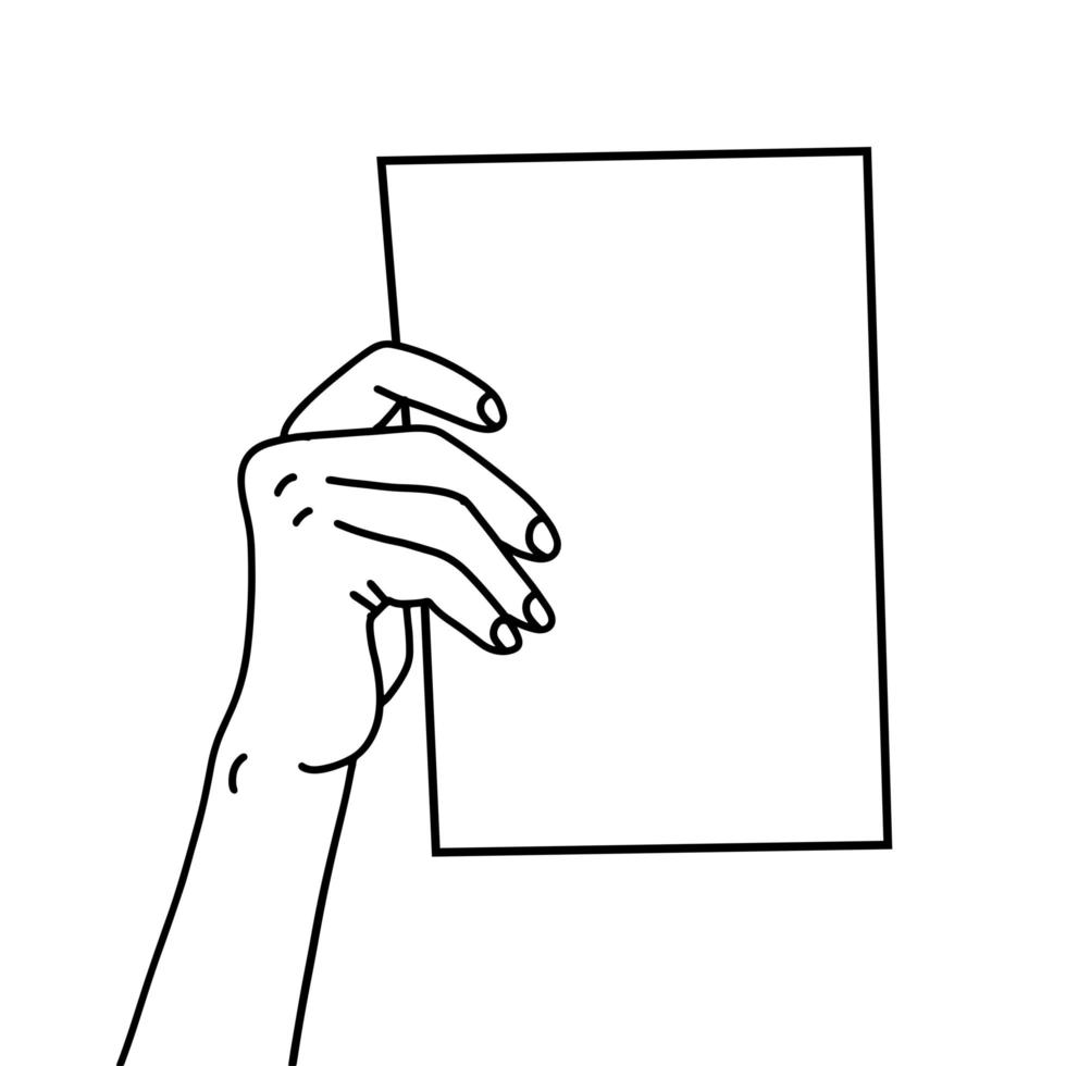 una mano tiene un foglio di carta a4 disegnato a mano con una linea sottile. documento di presentazione, promemoria, modello per immagine. illustrazione lineare nera vettoriale isolata su sfondo bianco