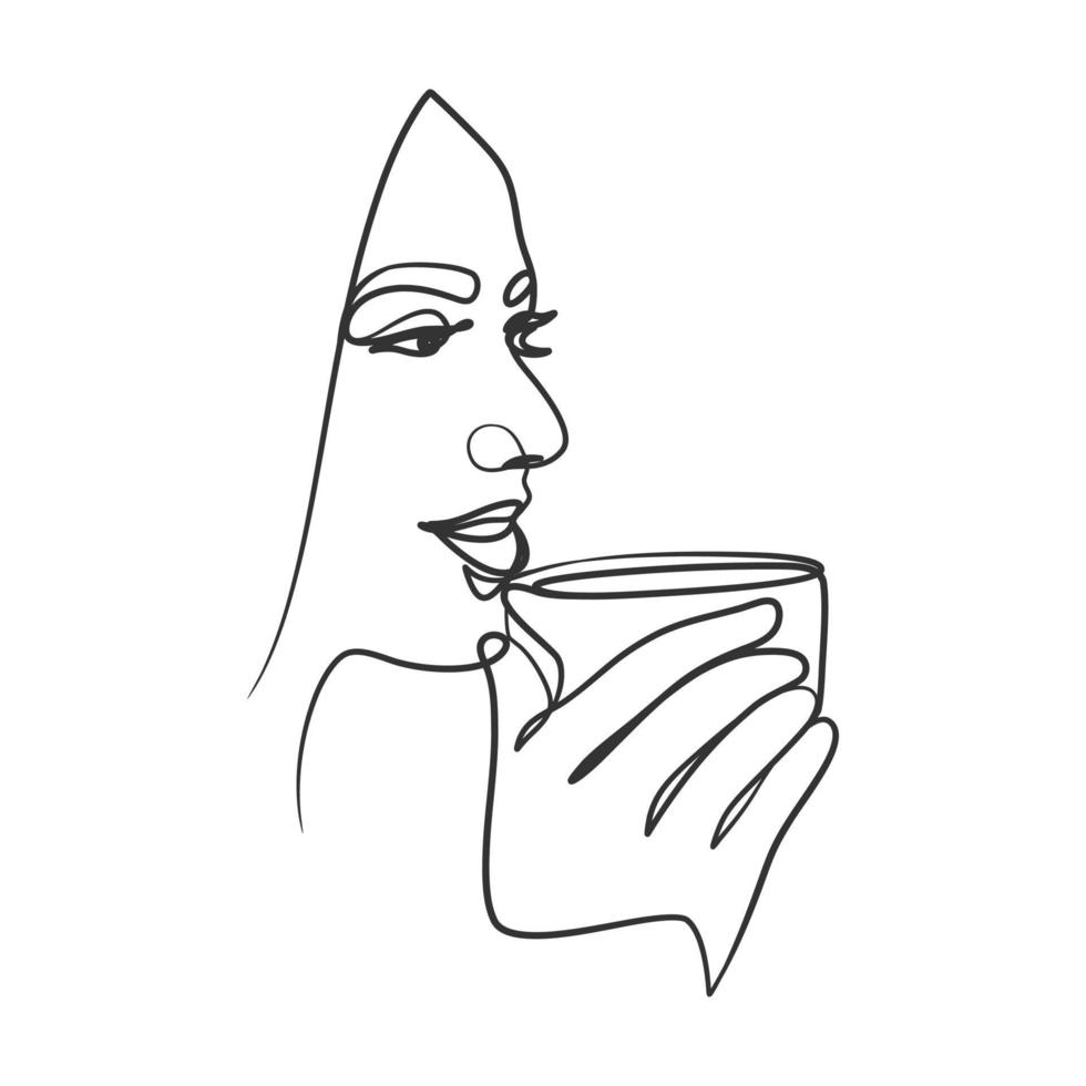 disegno continuo a una linea di donna che beve caffè vettore