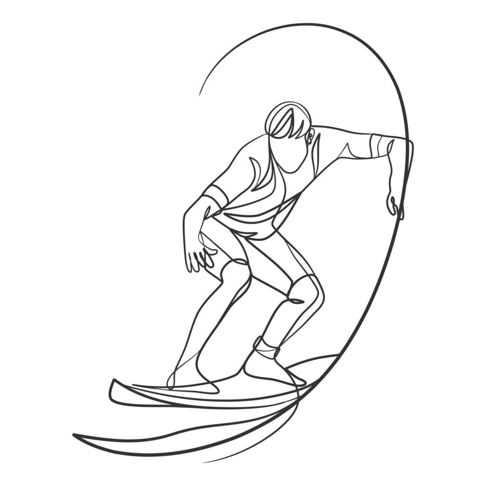 disegno a linea continua di un surfista con una tavola da surf vettore