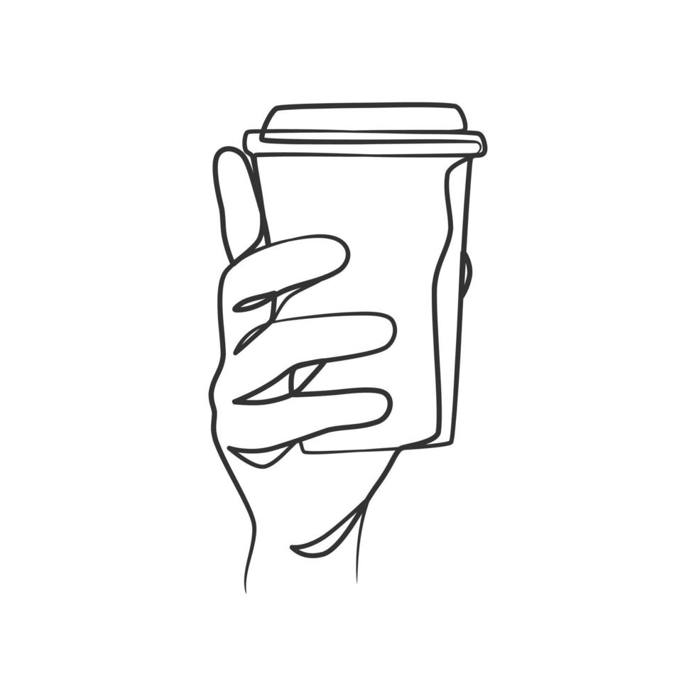 disegno artistico a linea continua di mani che tengono una tazza di caffè o tè vettore