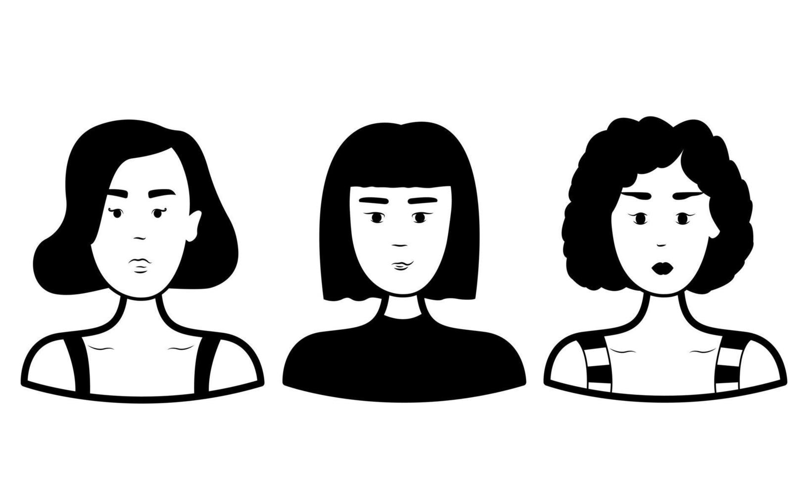 doodle impostare la faccia delle persone. tre ragazze. contorno vettoriale. illustrazione in bianco e nero vettore