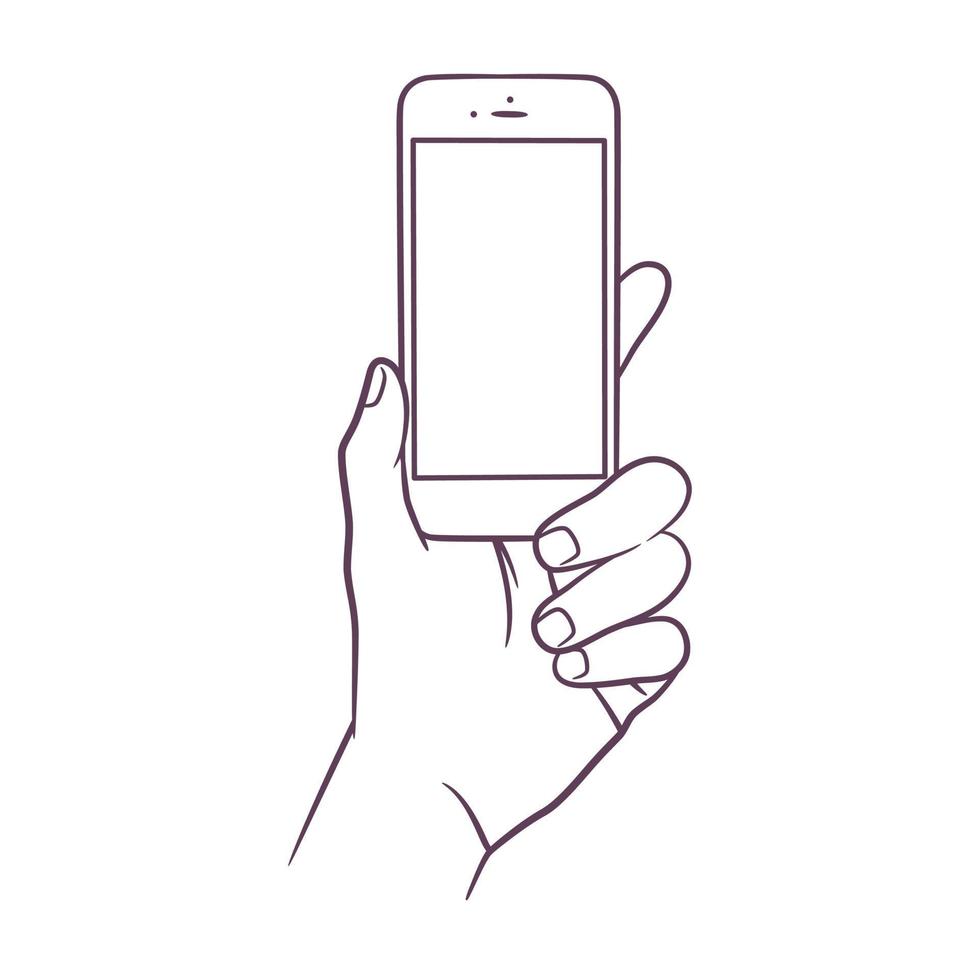 disegno al tratto della mano che tiene smart phone vettore