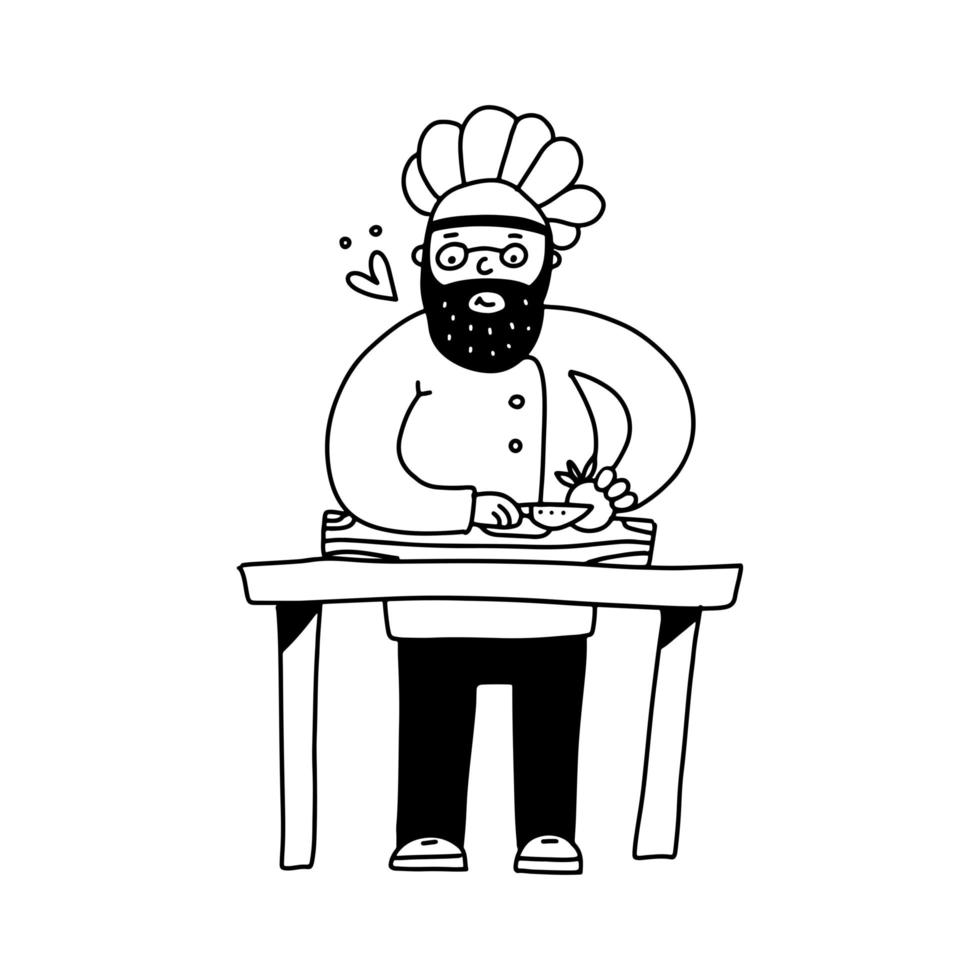 un simpatico chef gentile con un berretto che taglia le verdure su un tagliere. cucinare l'illustrazione di vettore del carattere maschile.