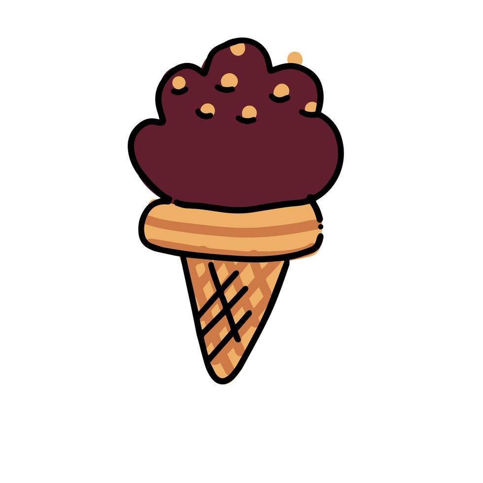 gelato al cioccolato nello schizzo del cono di cialda. illustrazione isolata del fumetto disegnato a mano su una priorità bassa bianca. dolce delizioso cibo da dessert freddo, spuntino. disegno stilizzato cartone animato linea arte. scarabocchio. vettore