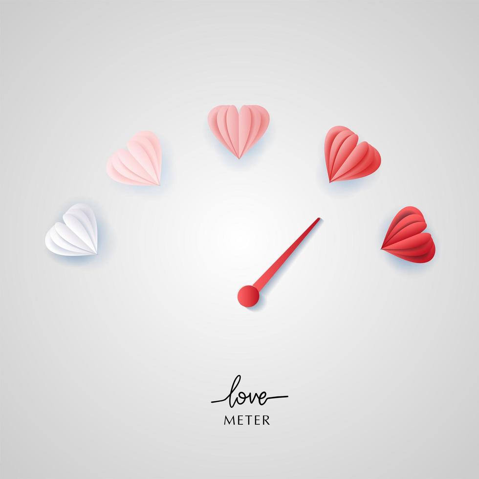 misuratore dell'amore nel design del tachimetro con cuori in stile taglio carta. illustrazione vettoriale con simboli del cuore e puntatore. metro dell'amore