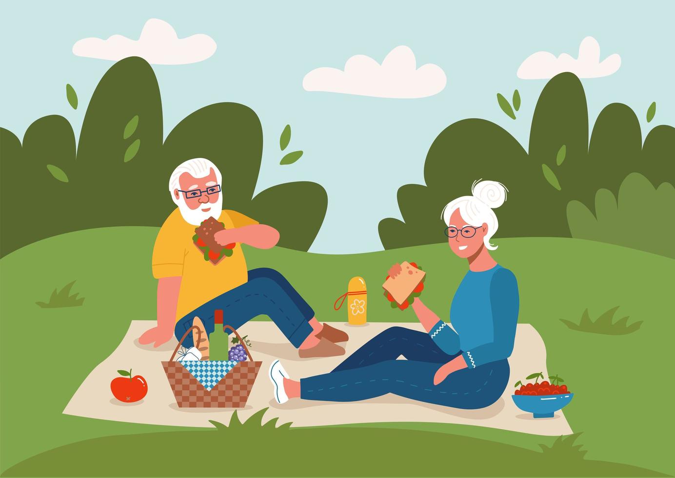 vecchia coppia che ha picnic all'aperto felice pensionamento piatto vettore schizzo illustrazione. uomo anziano e donna seduti per terra.