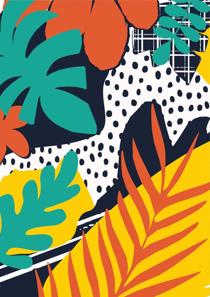 illustrazione di vettore del fondo del manifesto delle foglie tropicali variopinte. piante esotiche, rami, fiori e foglie stampa artistica per prodotti di bellezza e naturali, spa e benessere, tessuti e moda