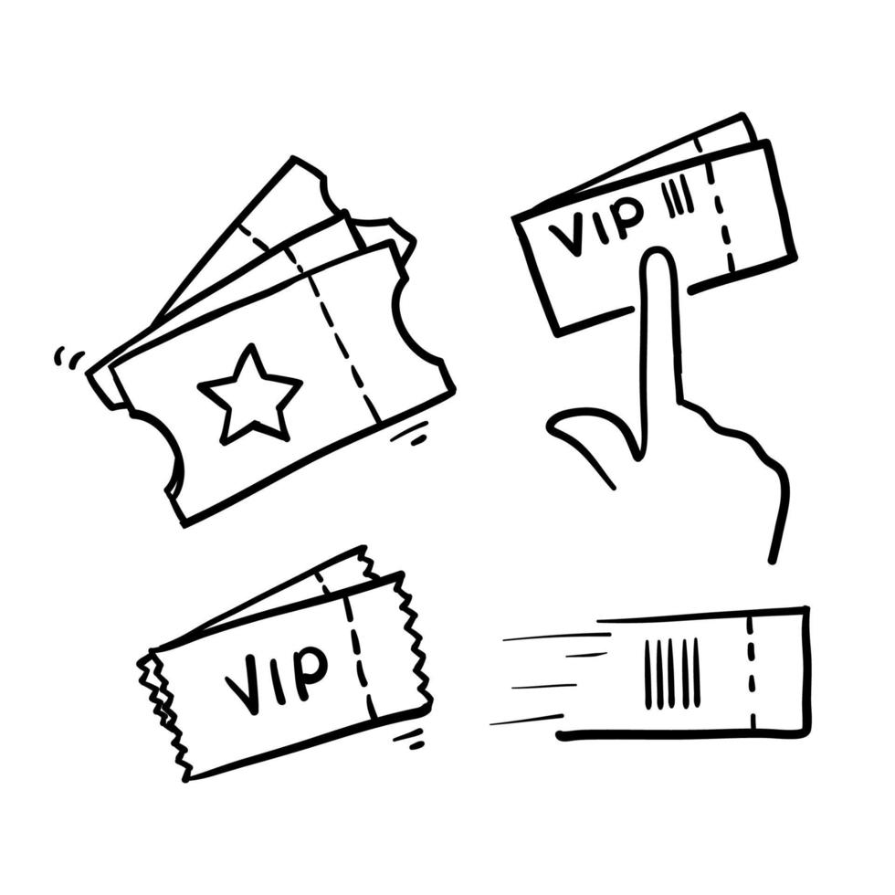 set semplice disegnato a mano di biglietti relativi alle icone della linea vettoriale nel vettore di stile doodle isolato