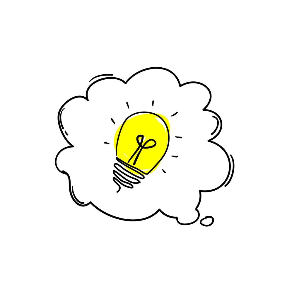 lampadina e fumetto disegnato a mano in stile doodle simbolo vettoriale per idea