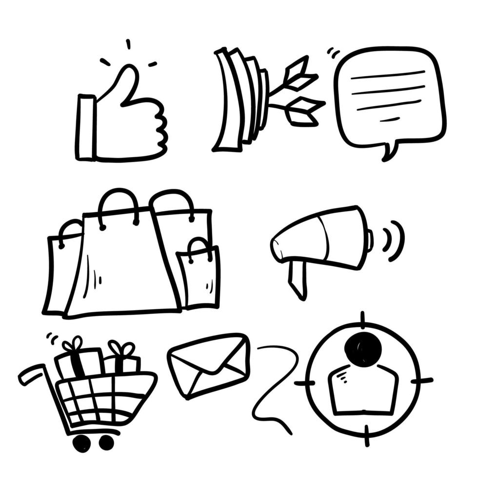 set semplice disegnato a mano di icone della linea vettoriale relative al marketing in sfondo isolato vettore stile doodle