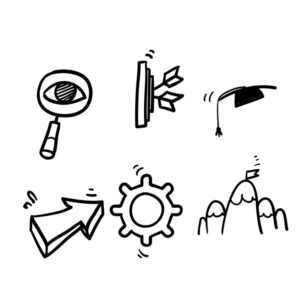 icona della missione di visione disegnata a mano, azienda di obiettivo concettuale, dichiarazione di valore, scopo, simboli web della linea di doodle su sfondo bianco isolato vettore