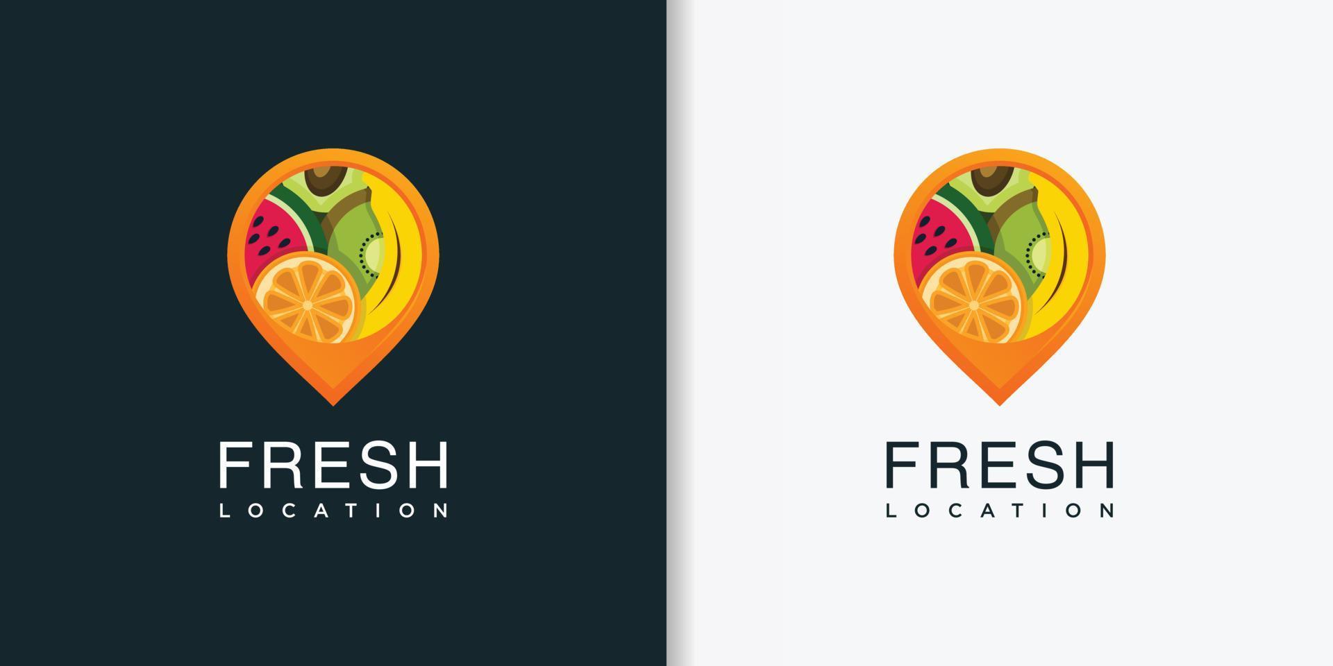 posizione del logo fresco con modello di design in stile astratto moderno, fresco, frutta, posizione, pin, vettore premium