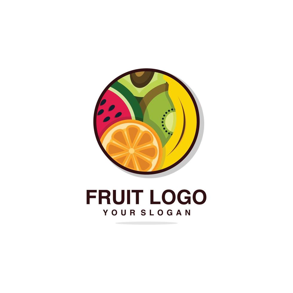 logo della frutta con modello di design dall'aspetto fresco, banana, arancia, frutta, fresco, salute, marchio, azienda, design premium vettore