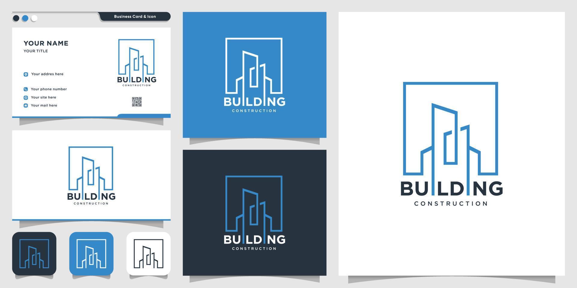 logo dell'edificio con nuovo concept line art style e business card design template, building, construction, station wagon, new concept, premium vector