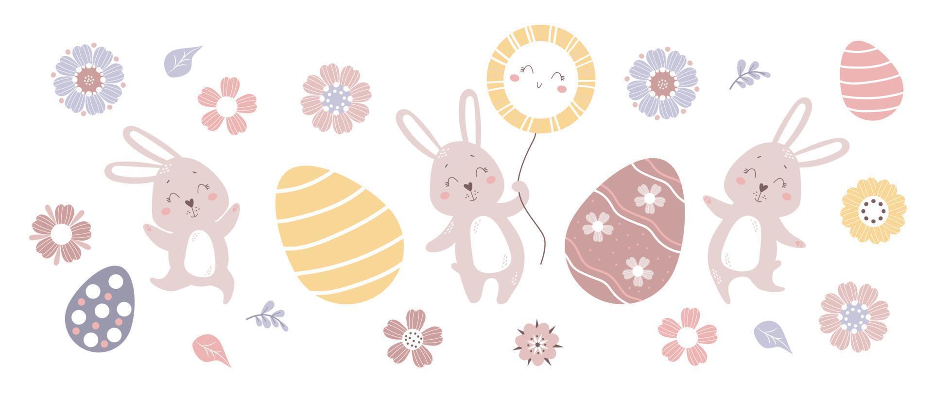 insieme di pasqua. felici simpatici coniglietti pasquali, sole, uova di Pasqua e fiori decorativi. illustrazione vettoriale. elementi isolati per la decorazione e il design di Pasqua, l'arredamento, la stampa vettore