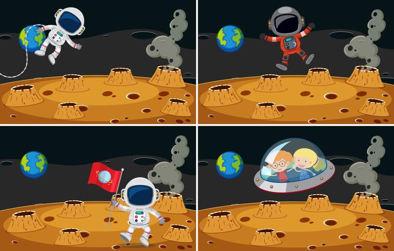 Quattro scene spaziali con gli astronauti che volano vettore