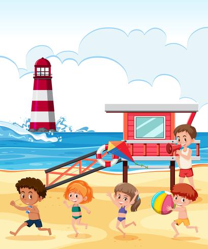 bambini che giocano sulla spiaggia vettore