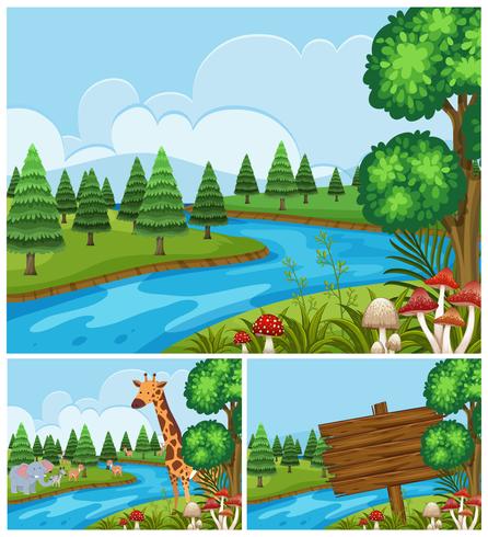 Scene di sfondo con animali vicino al fiume vettore