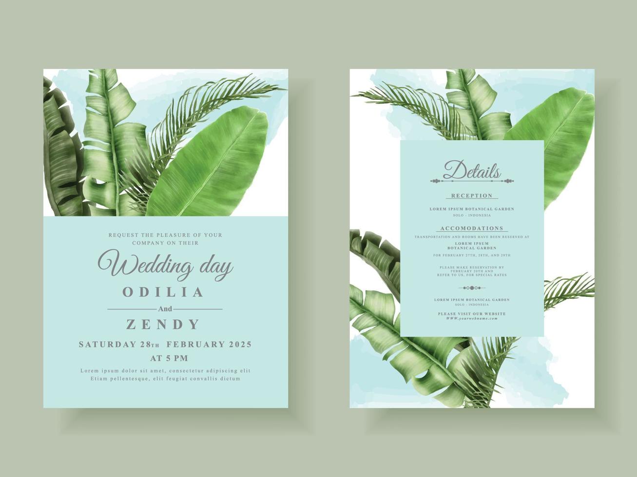 modello di carta di invito a nozze belle foglie tropicali vettore