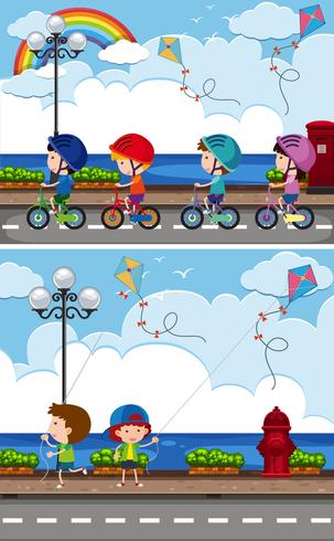 Due scene con bambini che vanno in bicicletta e giocano a kite vettore