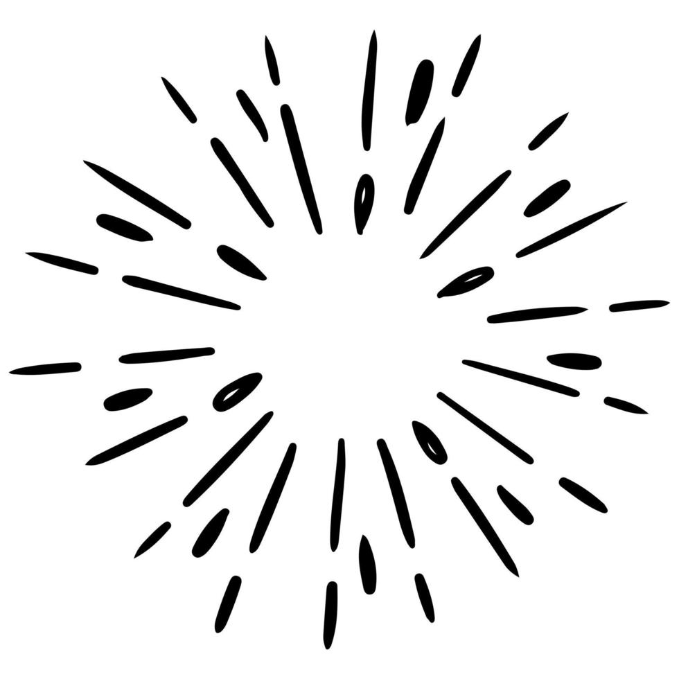 starburst, sunburst disegnato a mano. elemento di design fuochi d'artificio raggi neri. effetto esplosione comica. linee radianti, radiali. vettore