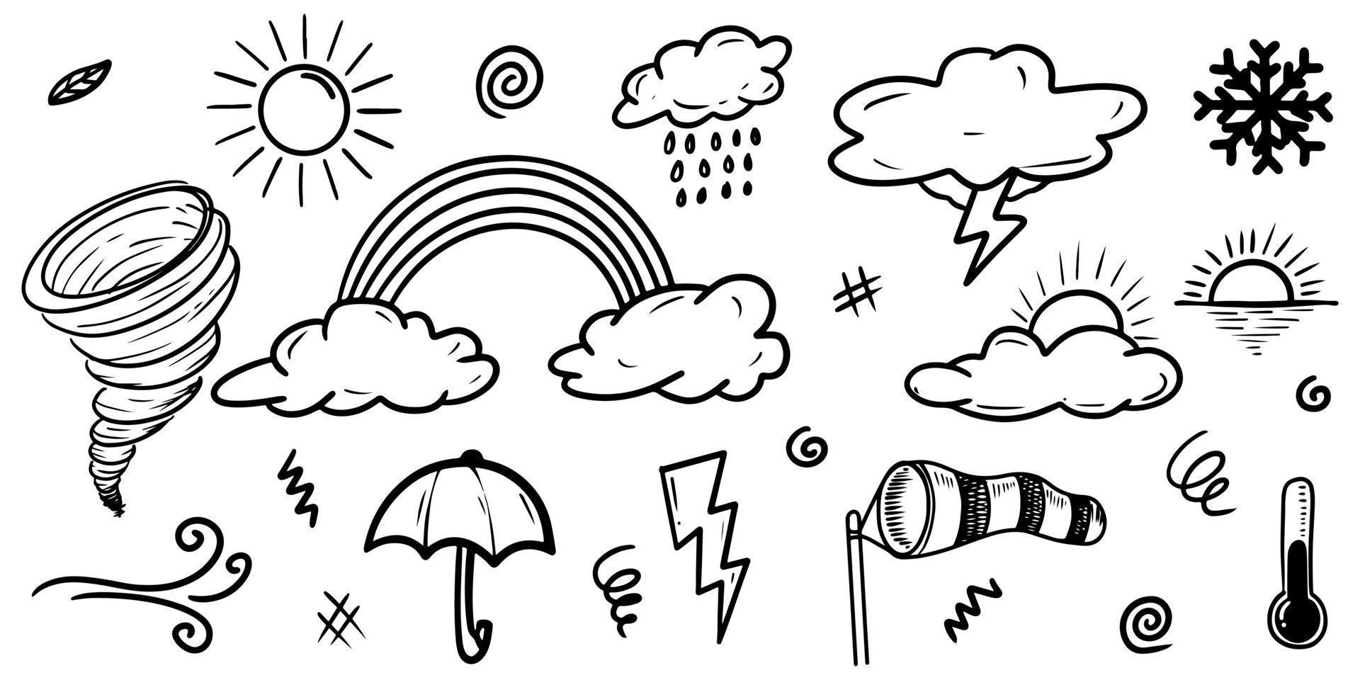 raccolta di icone meteo doodle disegnate a mano isolate su sfondo bianco. vettore