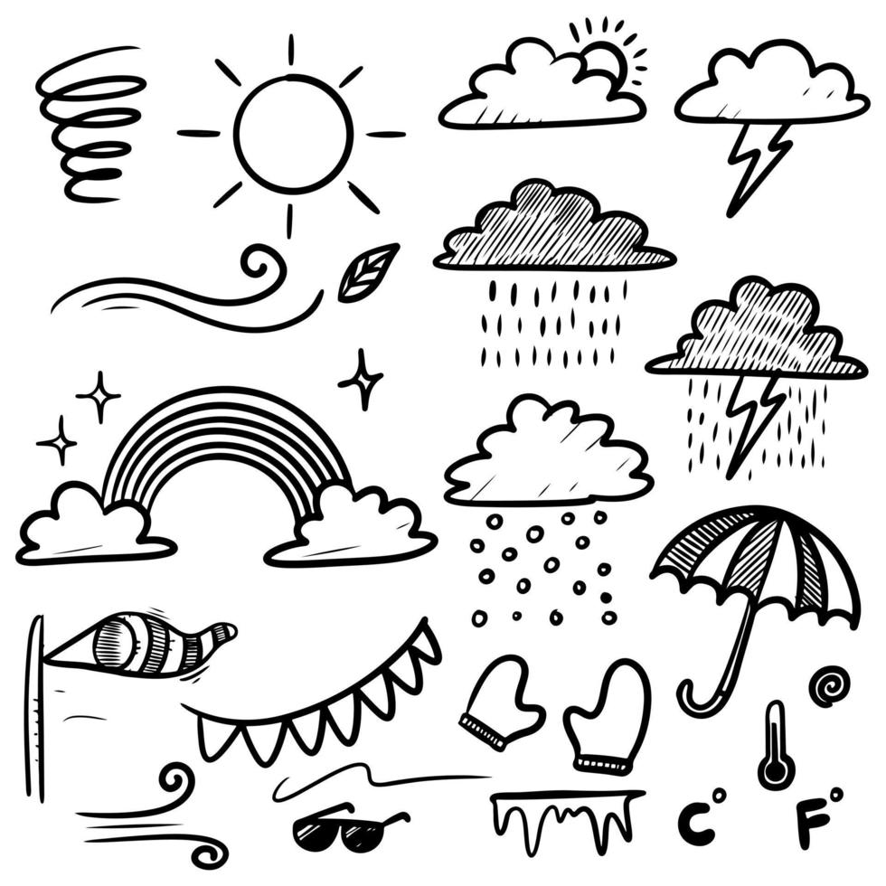 raccolta di icone meteo doodle disegnate a mano isolate su sfondo bianco. vettore