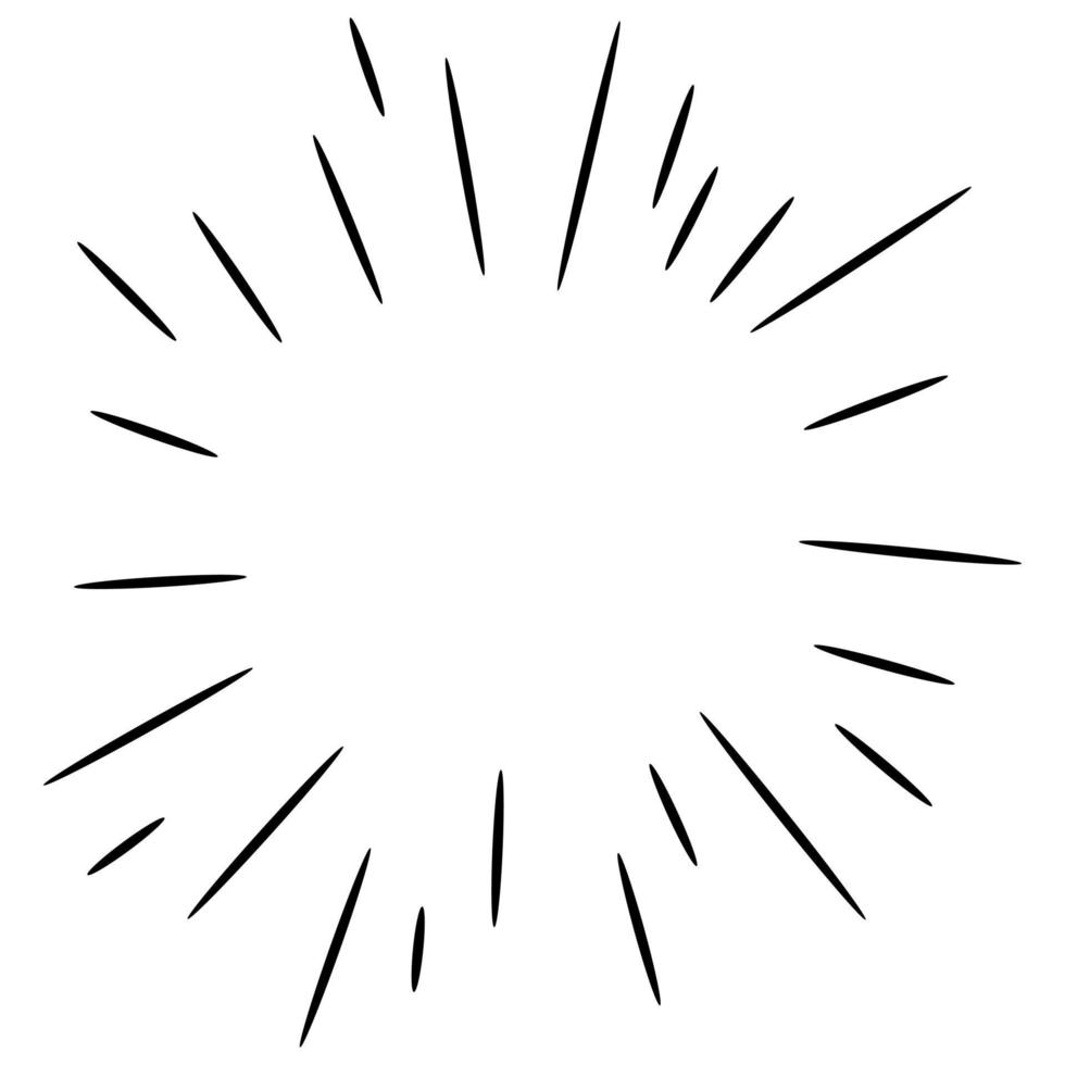 starburst, sunburst disegnato a mano. elemento di design fuochi d'artificio raggi neri. effetto esplosione comica. linee radianti, radiali. vettore