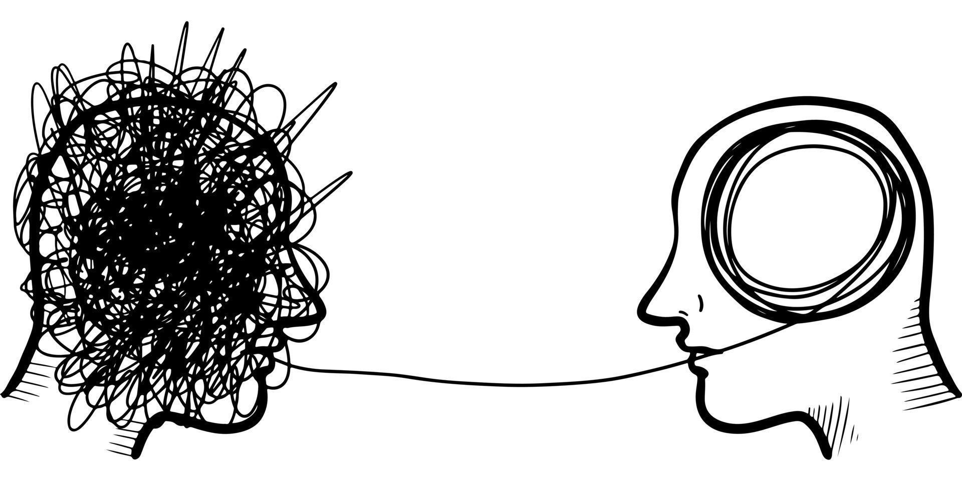 concetto di psicoterapia della siluetta della testa di due umani disegnati a mano. elemento di design. illustrazione vettoriale. vettore