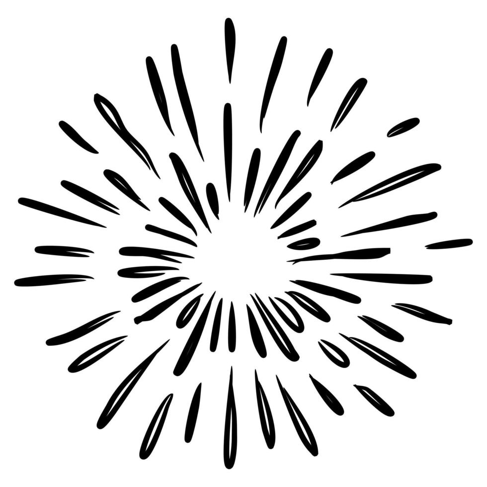 starburst, sunburst disegnato a mano. elemento di design fuochi d'artificio raggi neri. effetto esplosione comica. linee radianti, radiali. vettore