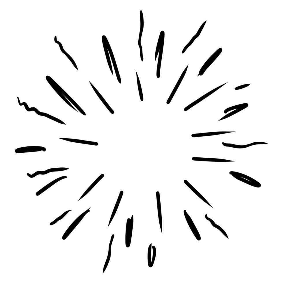 starburst, sunburst disegnato a mano. elemento di design fuochi d'artificio raggi neri. effetto esplosione comica. linee radianti, radiali. vettore