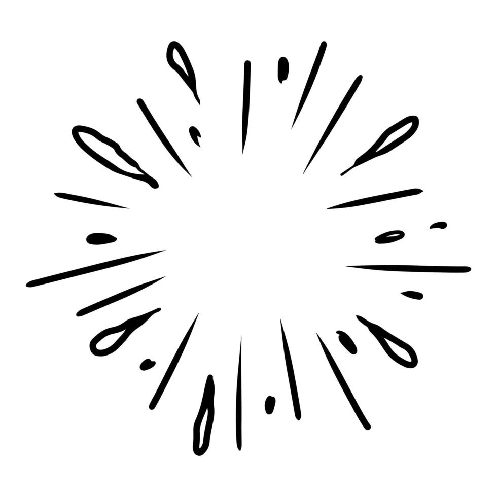 starburst, sunburst disegnato a mano. elemento di design fuochi d'artificio raggi neri. effetto esplosione comica. linee radianti, radiali. vettore