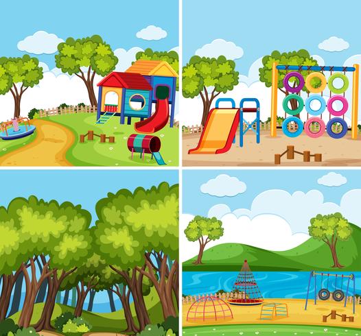 Quattro scene di sfondo con parchi giochi e foresta vettore