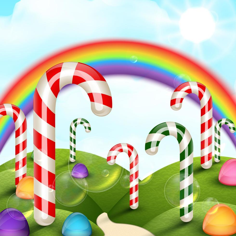sfondo del giardino delle caramelle con arcobaleno vettore