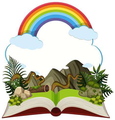 Libro di fiabe con montagna e arcobaleno vettore