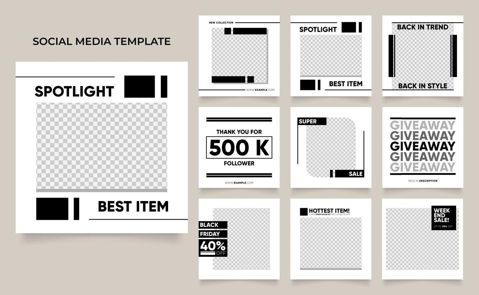 annunci di vendita di moda banner modello di social media completamente modificabili in colore bianco nero vettore