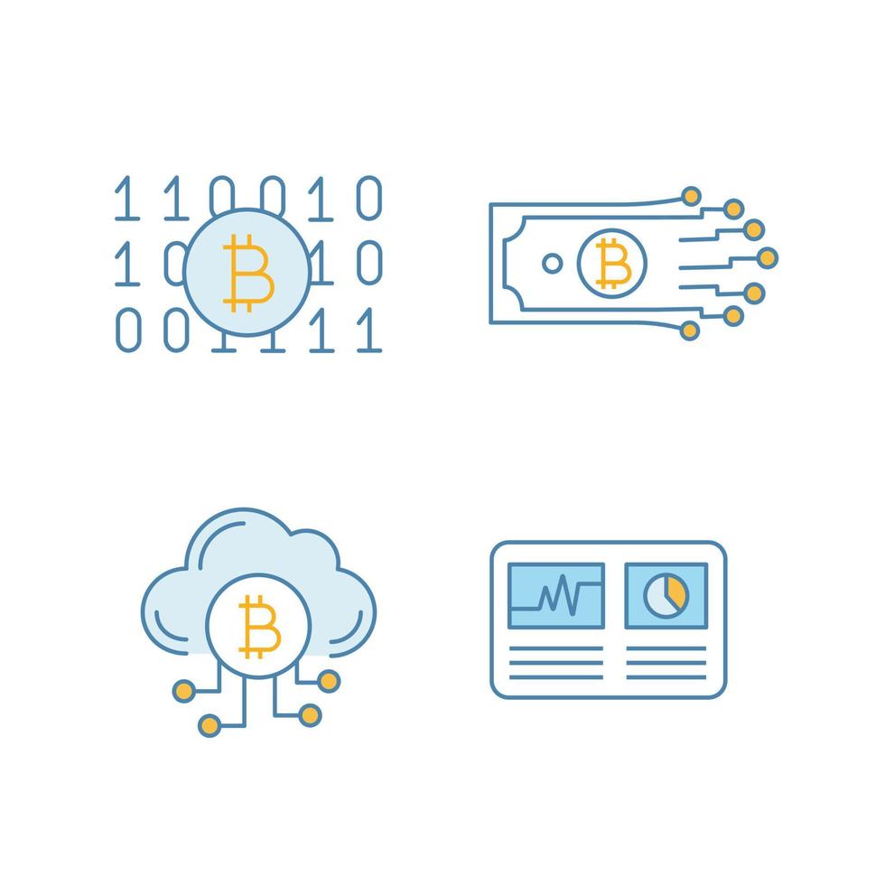 set di icone di colore criptovaluta bitcoin. codice binario, denaro digitale, cloud mining, hashrate. illustrazioni vettoriali isolate