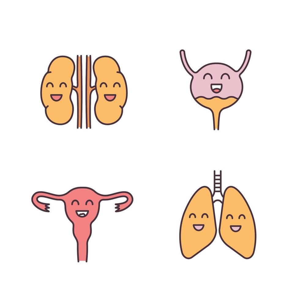 set di icone di colore degli organi interni umani sorridenti. reni felici, vescica urinaria, polmoni, utero. sistema polmonare, urinario, riproduttivo sano. illustrazioni vettoriali isolate