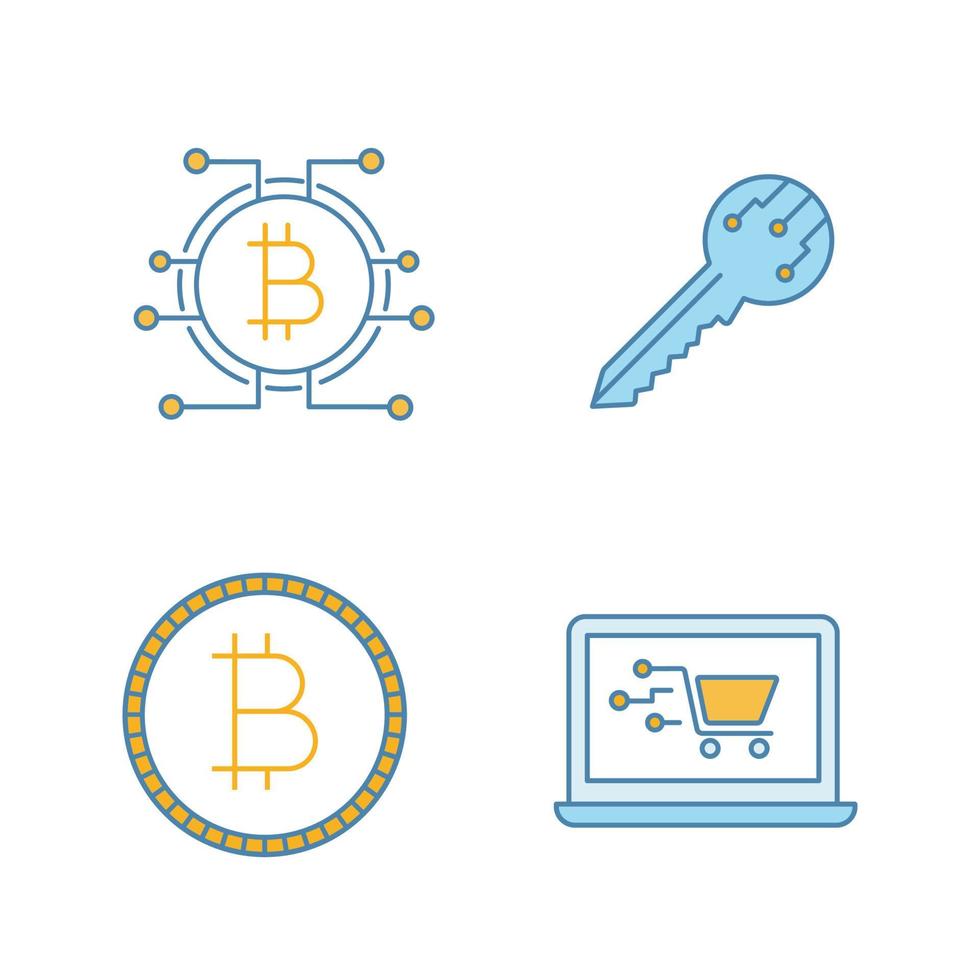 set di icone di colore criptovaluta bitcoin. chiave digitale, bitcoin con percorso microchip, moneta, shopping online. illustrazioni vettoriali isolate