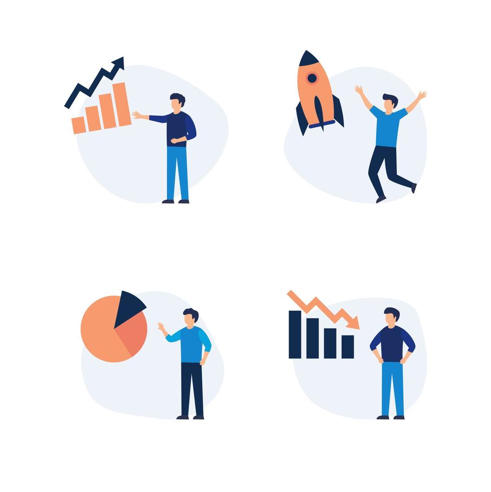 set di icone moderne di persone dal design piatto di analisi e pianificazione aziendale, avvio, razzo, SEO, ricerche di mercato, grafico, contabilità, analisi dei dati, lavoro di squadra. vettore