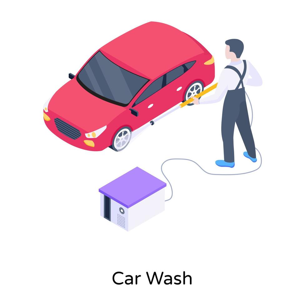 persona che pulisce l'auto, icona isometrica dell'autolavaggio vettore