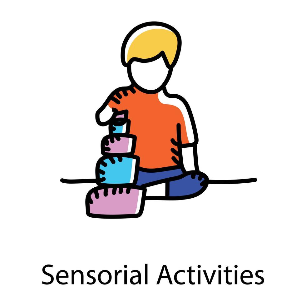 bambino con blocchi che denotano attività sensoriali nell'icona doodle vettore