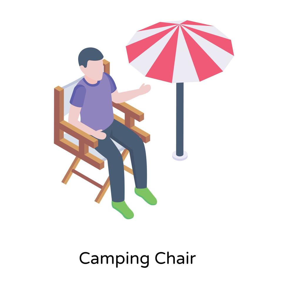 persona seduta sotto l'ombrellone, icona isometrica della sedia da campeggio vettore