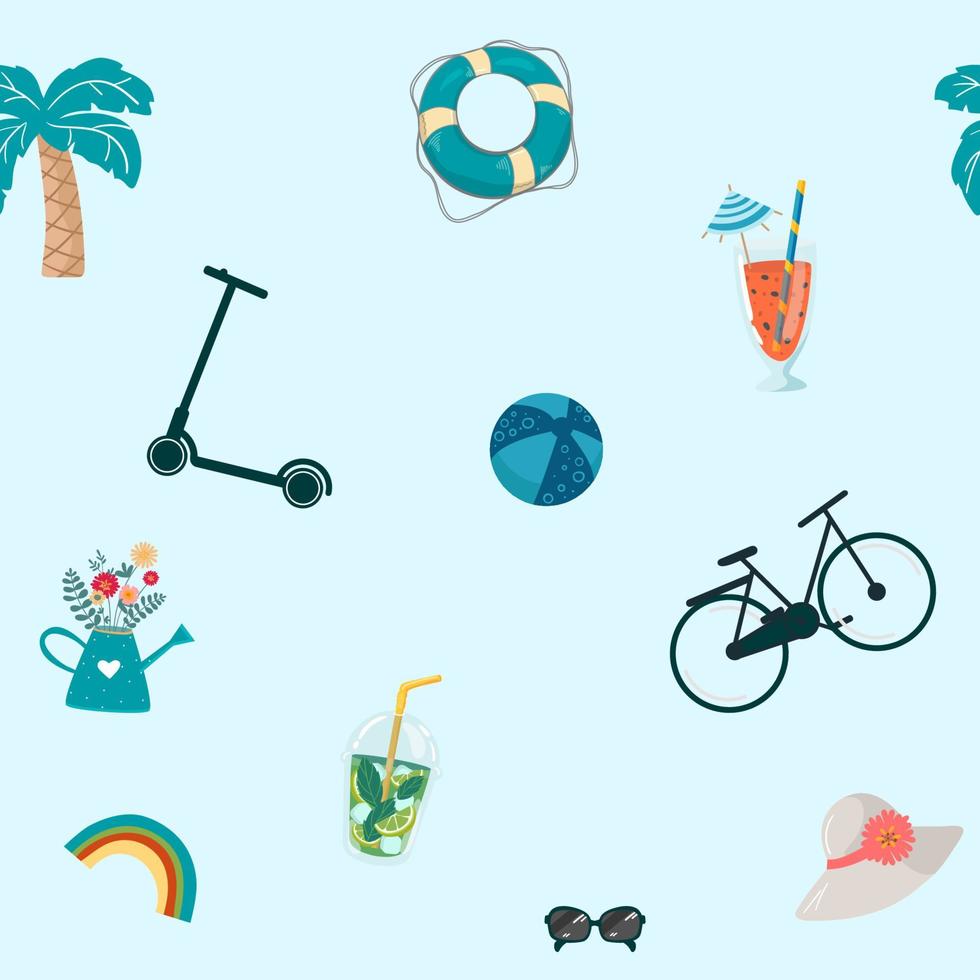 motivo estivo senza cuciture con elementi da spiaggia disegnati a mano come occhiali da sole, palma, scooter, bici del ciclo di vita, cocktail, mojito, fiori arcobaleno, palla, cappello. design di stampa di moda, illustrazione vettoriale