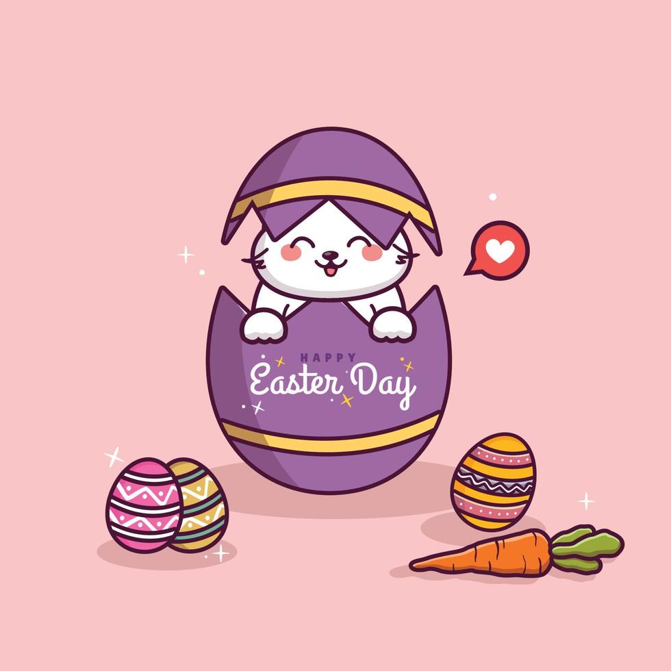 simpatico cartone animato del coniglietto di pasqua che tiene l'uovo del giorno di pasqua coniglio carino e illustrazione del fumetto dell'uovo vettore
