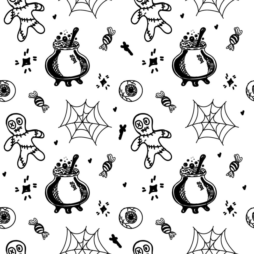 sfondo senza soluzione di continuità con elementi di halloween disegnati in uno stile doodle. pozioni velenose, ragnatele, ragni e bambole voodoo. sfondo monogamo di halloween. vettore