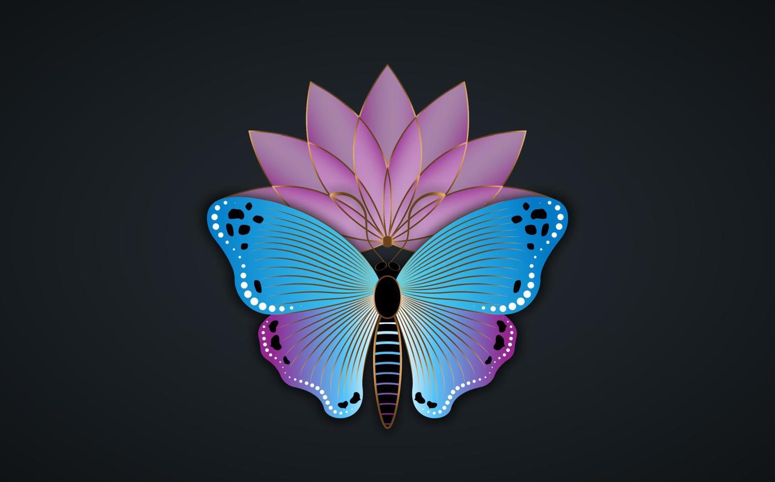 slogan del logo del fiore di loto e della farfalla con il modello colorato del fiore della farfalla. concetto di yoga. disegno vettoriale per stampe di moda, poster e carte, isolato su sfondo nero